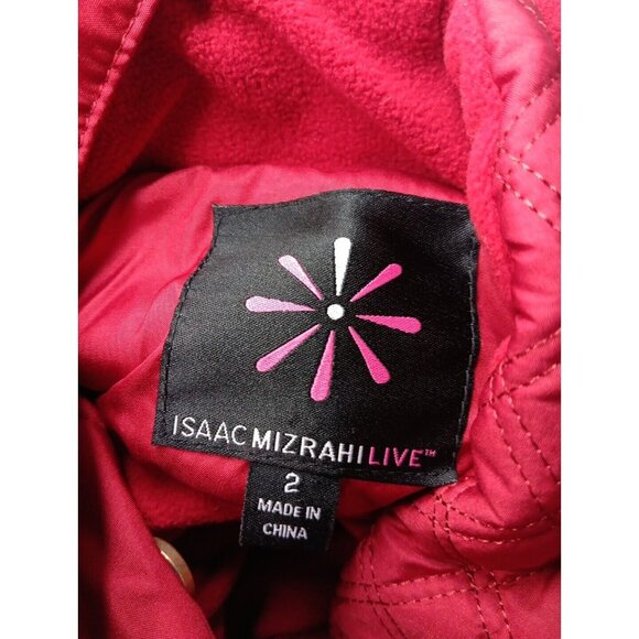 Isaac Mizrahi Live Coat Women's 2 Red Neck Bow Quilted Zip Snap Long Length - Picture 10 of 11